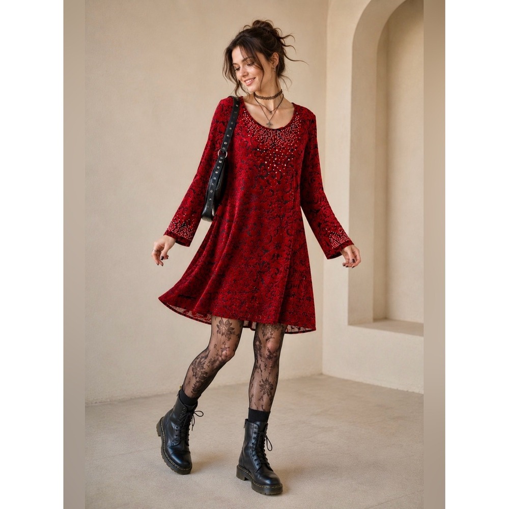 90s Y2K Velvet Burnout Dress L Rhinestone Whimsigoth Fairy Grunge Holiday Red